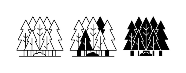 Forest Icons Set, Pine Trees Vector Graphics, Nature Landscape Symbols, Woodland Elements, Black and White Illustrations © Sohana