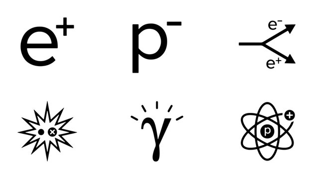Physics Symbols Vector Icons: Positron, Proton, Electron Decay, Nuclear Reaction, Gamma Ray, Atom Model