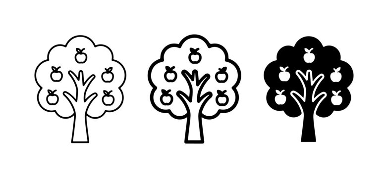 Apple Tree Icons, Fruit Tree Graphics, Orchard Symbols. Set of three stylized apple trees in outline, filled outline, and solid black vector formats for harvest and agriculture themes.