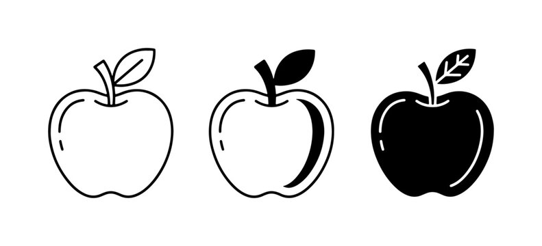 Simple Apple Icons, Outline and Silhouette Fruit Graphics, Vector Illustrations for Healthy Eating and Education
