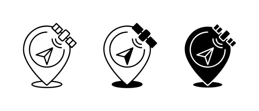 Satellite Navigation Icons, GPS Location Markers, and Satellite Signal Symbols for Digital Mapping and Travel Planning