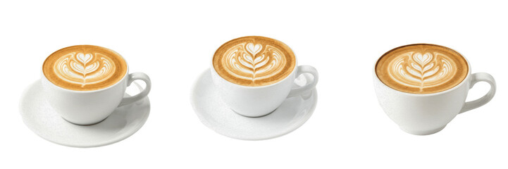 Set of white ceramic cup of coffee with latte art isolated on white background © charrro