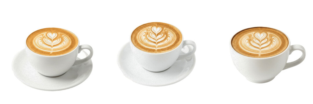 Set of white ceramic cup of coffee with latte art isolated on white background