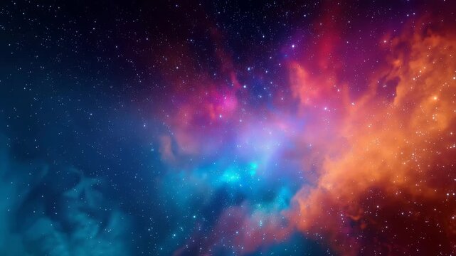 Colorful cosmic nebula in deep space with glowing star field, vibrant blue pink and orange interstellar clouds, cinematic astronomy background, galaxy atmosphere and vast universe