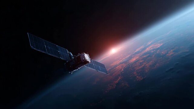 Detailed satellite orbiting above Earth with glowing solar panels, metallic spacecraft modules