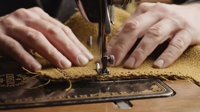 Close up of sewing machine shows process of creating item for VSRExport in a workshop setting