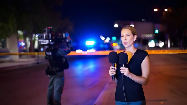 Female news reporter broadcasting from police scene, live journalism coverage, television camera crew, breaking news, crime scene tape, emergency lights and public safety report
