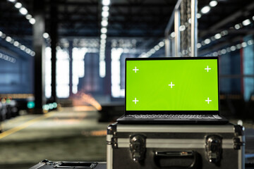 Isolated screen in empty engineering facility with industrial design, fabrication sections and...
