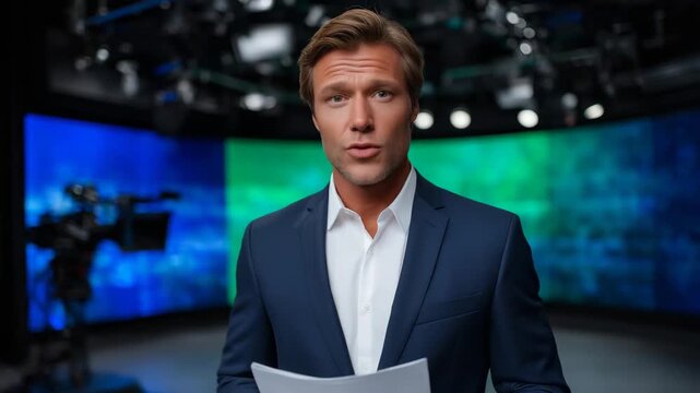 Male news presenter, modern TV studio, broadcast set, blue screens, green screens, live news production, professional journalism, realistic studio shot