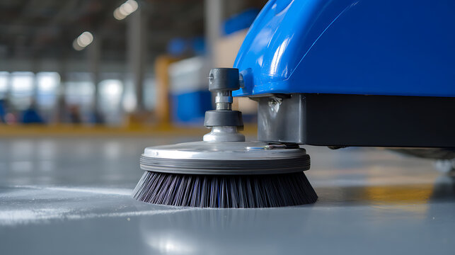 Industrial floor scrubber machine brush, clean dirty surfaces, maintain hygiene in commercial warehouse, factory, or public building