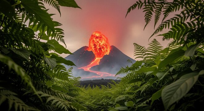 Exploding volcano with lava flowing down mountain peak. Tropical jungle scenery with fern leaf foreground. Dramatic natural disaster and geological power concept. Earth science landscape.