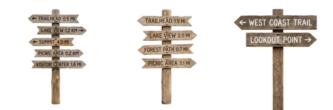 Set and collection of wooden directional signpost isolated on white background