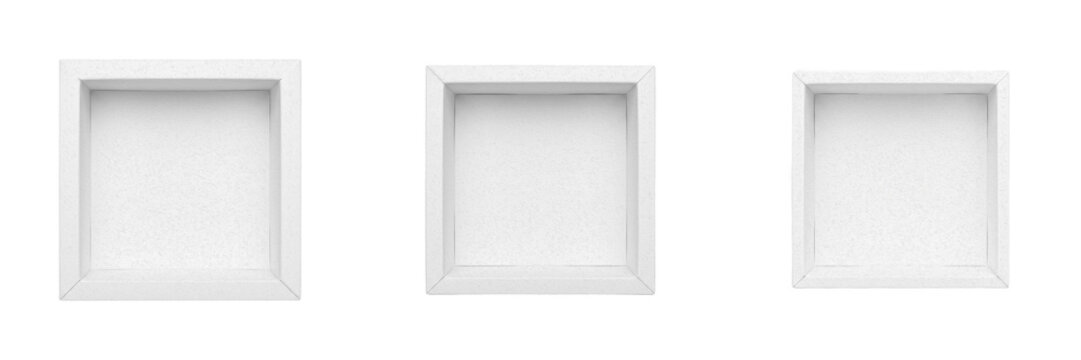 Set and collection of empty white shadow box frame isolated on white background