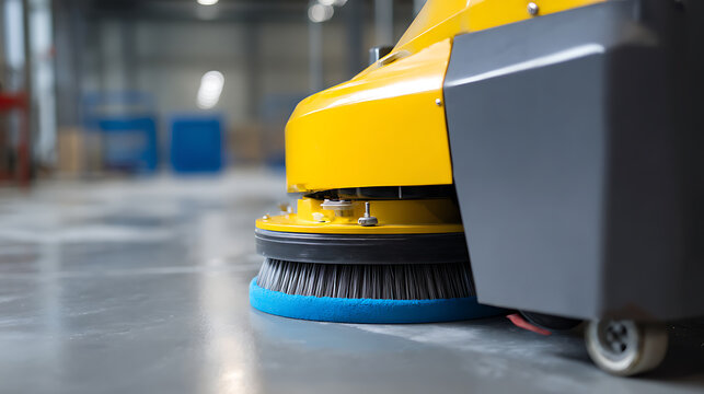 Industrial floor scrubber close-up: powerful machine with rotating brush, clean floor, blurred background. Concept of hygiene, maintenance, facility care