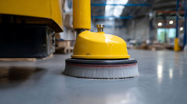 Industrial floor scrubber machine cleaning concrete floor in a large warehouse or factory, close up view of the rotating brush