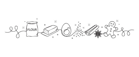 Fototapeta premium Holiday baking ingredients in a continuous line art style featuring flour, butter, egg, spices, and gingerbread man for a festive cooking concept on a transparent background vector