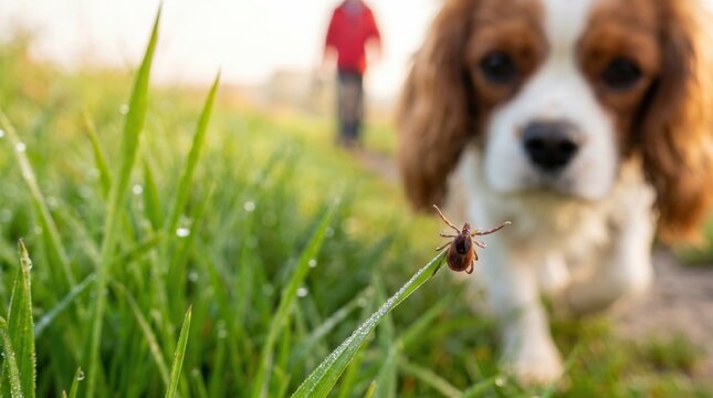 Small tick on a blade of grass with blurred dog in background