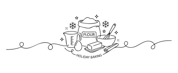 Fototapeta premium Holiday baking ingredients illustration featuring flour, eggs, and butter in a minimalist vector line art style for festive cooking concept with a transparent background