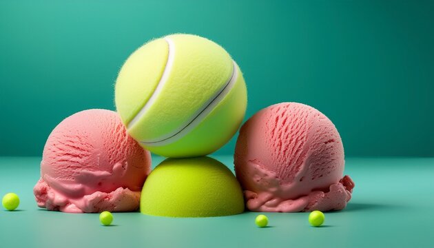 pastel pause gelato scoops with tennis ball a playful flavor twist concept featuring pistachio and strawberry ice cream with a fuzzy yellow tennis ball on top in a turquoise studio