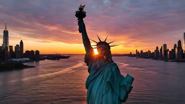 Statue of Liberty at sunset with New York City skyline, patriotic American landmark for Memorial Day, freedom and national pride concept, cinematic NYC harbor travel content.