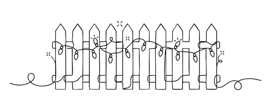 Holiday lights on fence continuous line art illustration for Christmas decoration concept on transparent background vector design for seasonal festive greeting card
