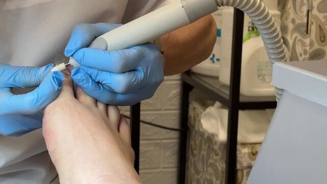 Close-up foot pedicure salon, master uses diamond drill on male foot wearing blue gloves, callus removal around heel and toes