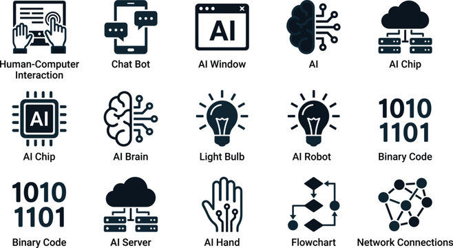 Artificial intelligence technology icon set with chatbot machine learning cloud computing and digital network vector symbols