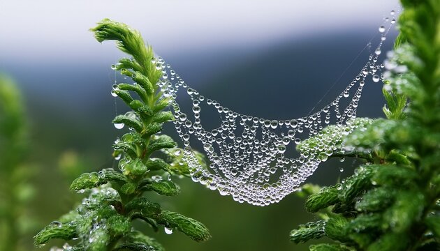 a bunch of water droplets on a spider web on a green plant