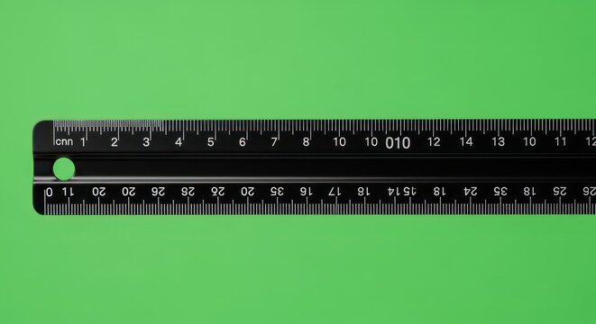 Black Metal Ruler with Measurements on a Green Background.