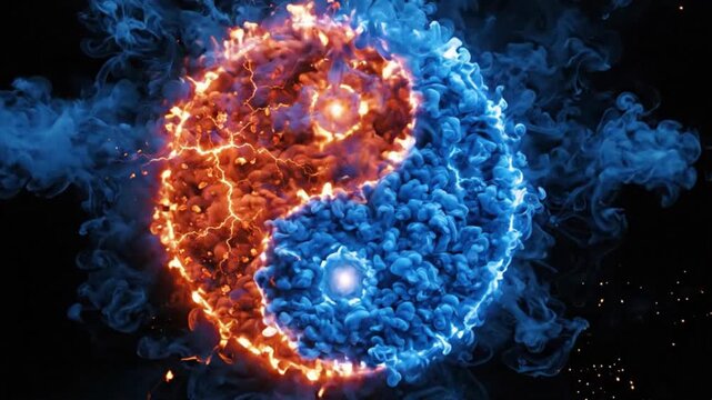 Yin yang symbol swirling with fire and ice in a dark void featuring a premium cinematic steady cam slow motion shot for spiritual wellness marketing