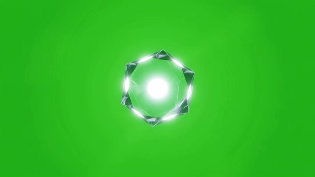 Rotating crystal polygon with bright core glowing on chromakey background for visual effect. Abstract geometric shape for motion graphics.