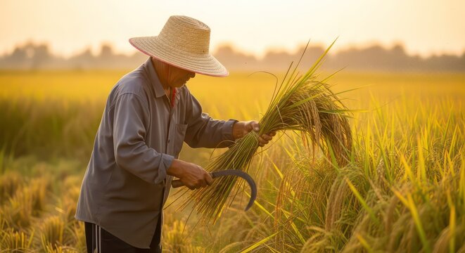 Farmer harvesting rice in a golden field at sunset.