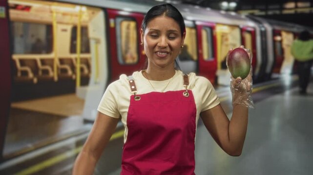 Woman holding mango with gloved hand on subway platform, wearing red apron and cream t shirt, smiling with a smirk toward camera; playful snack.