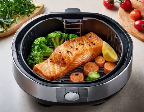 glazed salmon fillet cooked in air fryer with fresh vegetables on clean countertop