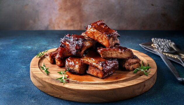 sticky barbecue burnt ends piled on rustic wooden board with caramelized edges