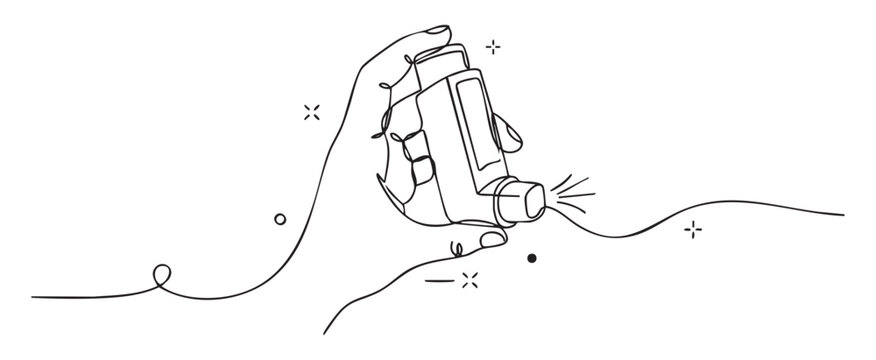 Continuous line art vector of a hand holding a medical inhaler on white background for asthma relief and respiratory health concept, isolated for transparent background use