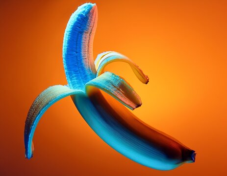 half peeled banana with a neon blue light tube core hovering over a saturated orange field offering high gloss textures and a vast sixty percent right side space for high impact creative text