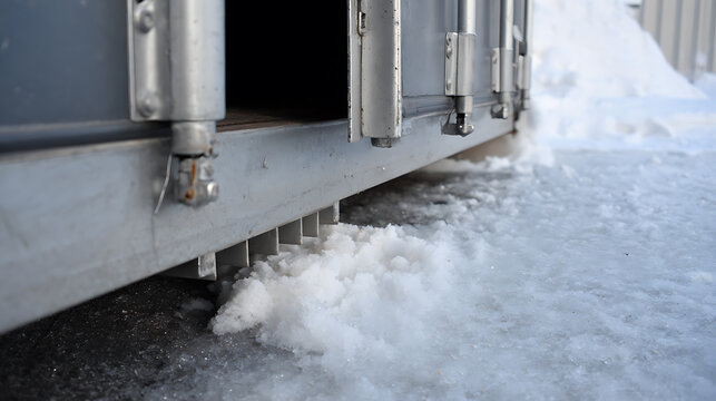 Low angle close-up of a partially open metal container door at ground level, with accumulated fresh snow and ice around its base, cold bright day