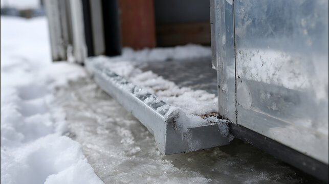 Winter weather conditions featuring snow and ice gather at the threshold of an outdoor structure, highlighting cold temperatures and seasonal elements