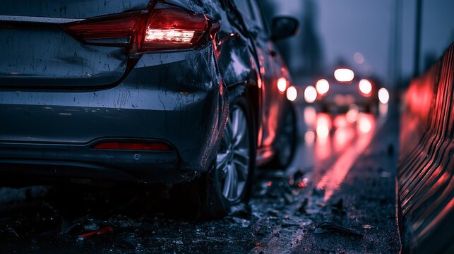 Damaged Car Rear End Crash On Highway With Traffic Lights In Background For Accident Concepts
