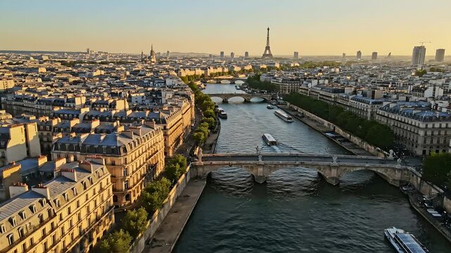 Paris sunset aerial view overlooking Seine River and Eiffel Tower. Cinematic golden hour cityscape perfect for luxury travel advertising, tourism marketing, and destination promos.
