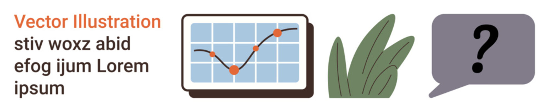 Data insights, communication, uncertainty, environmental , decision-making, growth. Illustration a chart with data points, green leaves and a speech bubble with a question mark. Data insights