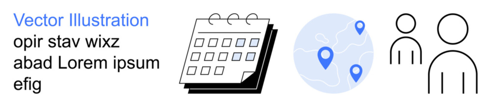 Time management, location tracking, event planning, social interaction, teamwork, digital organization. Calendar, map with pins and human icons. Time management and location tracking concept