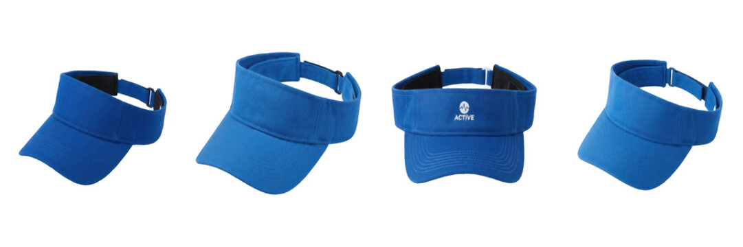 Blue Sun Visor Caps Tennis Sports Hats Set Isolated on Transparent Background, Outdoor Athletic Headwear PNG Collection