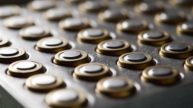 Close up view of small round metallic objects arranged in neat rows, showcasing a repetitive pattern and intricate detail in golden and silver hues