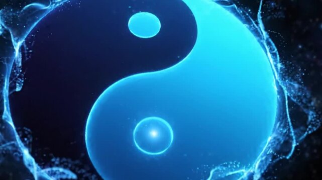 Blue glowing yin yang symbol radiating electric energy in dark cosmic space with a premium cinematic macro steady cam shot for spiritual wellness marketing