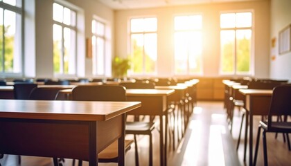 Fototapeta premium Bright and Inviting Classroom Scene with Desks and Chairs Bathed in Warm Natural Light from Large Windows