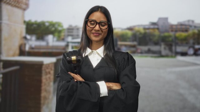 Woman judge holding gavel, raising three fingers and then crossing arms in a courthouse building; authority confidence.