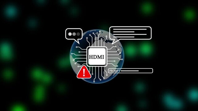 Futuristic Global Network Animation with HDMI Microchip, Rotating Globe, and Warning Icon for Digital Technology and Connectivity Concepts.