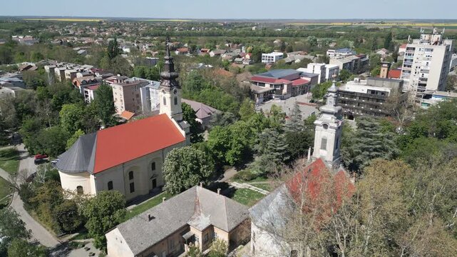Descending panorama of Vrbas urban area and historic architecture, northern Serbia.